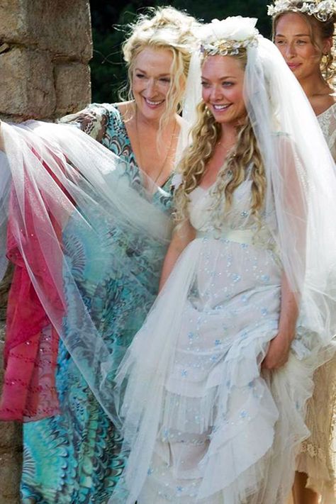 Mamma Mia, 2008- HarpersBAZAAR.com Mamma Mia Wedding Dress, Mia Wedding Dress, Mamma Mia Wedding, Donna Sheridan, High Street Wedding Dresses, Movie Wedding Dresses, Movie Wedding, Emma Woodhouse, Kristin Davis