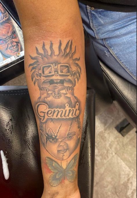 Chucky Gemini Tattoo, Chucky And Chucky Tattoo, Chucky Tattoo Hand, Tiffany’s Chucky Tattoo, Chucky Tattoo Leg, Chucky Chest Tattoo, Tattoo Ideas Female Neck, Chucky Tattoos, Rugrats Tattoo