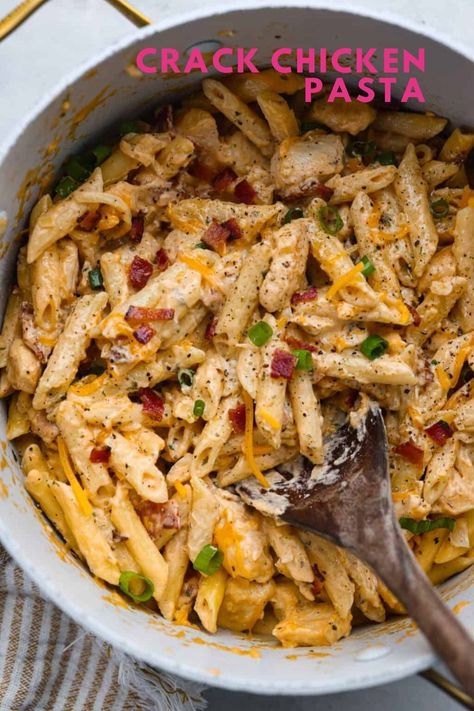 Cheesy, creamy, and loaded with ranch flavor and chunks of juicy  chicken, ‘Crack Chicken’ pasta is a dinner that will have everyone raving! Pasta Rotisserie Chicken Recipes, Easy Dinner With Rotisserie Chicken, Pasta Recipes With Rotisserie Chicken, Rotisserie Chicken Pasta Recipes, Quick Chicken Pasta Recipes, Rotisserie Chicken Dinners, Pasta Dinner Recipes Chicken, Boozy Recipes, Cheesy Pasta Recipes