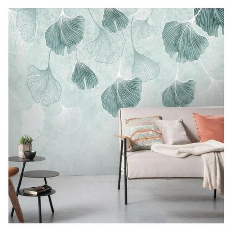 Glossy Wallpaper, Wallpaper For Home Wall, Geometric Wallpaper Design, Green Leaf Wallpaper, Wallpaper For Home, Normal Wallpaper, Wall Art Lighting, Ginkgo Leaf, Dining Living Room