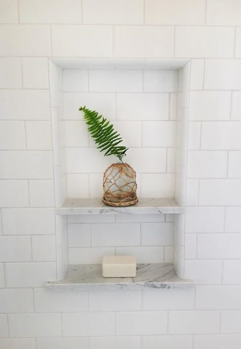 Where do I buy Marble niche shelf - Ceramic Tile Advice Forums - John Bridge Ceramic Tile Subway Tile Shower Designs, Subway Tile Shower Niche, White Subway Tile Shower, Niche Shelves, Tile Shower Niche, White Subway Tile Bathroom, Bathroom Niche, Subway Tile Showers, Marble Shelf