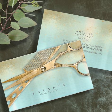 Sheen and Shears Hair Stylist Gold/Teal ID814 Business Card Business Card For Hair Stylist, Hair Salon Business Cards, Hair Stylist Business Cards, Rose Gold Business Card, Salon Business Card, Hair Salon Business, Cute Business Cards, Hair Business Cards, Work Hair