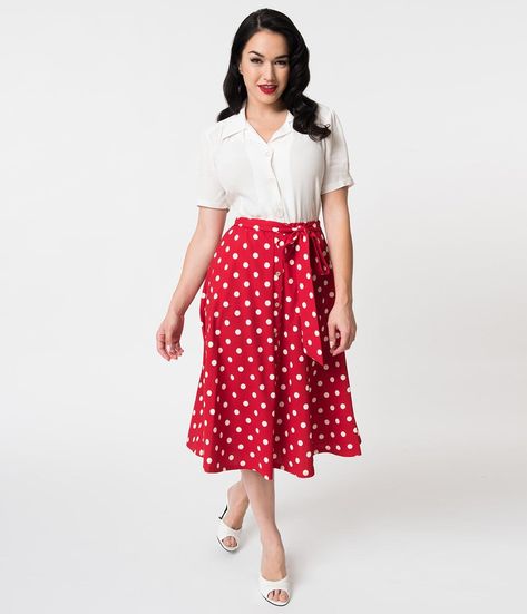 Vintage Style Red & White Polka Dot Tie Midi Skirt Red Polka Dot Skirt Outfit, Susie Core, Polka Dot Skirt Outfit, Dot Skirt Outfit, Red Polka Dot Skirt, Future Clothing, 2019 Outfits, Waisted Skirts, Skirts Vintage