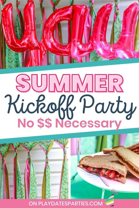 Kick off summer with a fun family last day of school party. Every year we do a first day of summer party / last day of school party for just us and our kids. We raid our home for food and decorations so we can celebrate on a cheap budget. Head over to playdatesparties.com to see all the summer fun, including easy food ideas, decorating ideas and summer activities. School Is Out For Summer Party, Kickoff To Summer Party, 1st Day Of Summer Party, End Of School Party Ideas Kids, Last Day Of School Party Food, Last Day Of School Pool Party, End Of School Celebration Ideas, End Of Year Party Food Ideas, Last Day Of School Decorations At Home