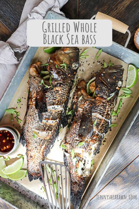 Whole Black Sea Bass Recipe, Whole Sea Bass Recipes, Grilled Sea Bass Recipes, Black Sea Bass Recipe, Ginger Marinade, Whole Fish Recipes, Sea Bass Recipes, Fish Entrees, Bbq Fish