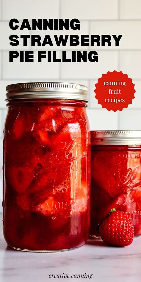 Canning Strawberry Pie Filling: Creative Canning Recipes - There's nothing better than homemade strawberry pie during summer. If you're growing strawberries, this canning strawberry pie filling recipe is a delicious way to go about preserving fruit in jars. When you're ready to bake a pie, simply pop off the lid of your homemade pie filling and pour it into a pie crust. It's that easy. This is one of my favorite canning fruit recipes (and easy strawberry dessert recipes!) to make! Canning Strawberry Pie Filling, Canned Strawberry Pie Filling, Strawberry Pie Filling Recipe, Strawberry Jelly Recipe, Strawberry Canning, Canning Fruit Recipes, Preserving Fruit, Water Bath Canning Recipes, Food Prepping