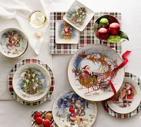 Nostalgic Christmas Stoneware Dinnerware Collection | Pottery Barn Christmas Salad Plates, Colorful Dinnerware, Pottery Barn Christmas, Christmas Salads, Holiday Dinnerware, Christmas China, Christmas Dinnerware, Stoneware Dinnerware, Twas The Night