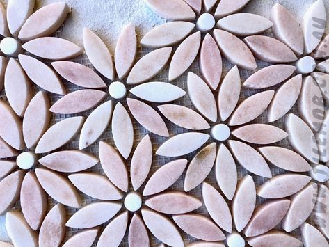 Flower Tile Backsplash, Daisy Mosaic, Green Mosaic Tile, Tile Shower Niche, Thasos, Flower Tile, Honed Marble, Floral Tiles, Pink Tiles