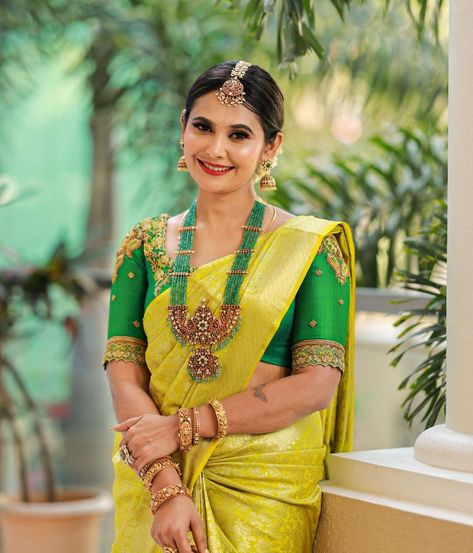 Polki Designs, Telugu Jewellery, Rani Haram, Yellow Sarees, Kanchi Saree, Kanchi Sarees, Saree Hairstyles, Bridal Sarees South Indian, Beautiful Bridal Jewelry