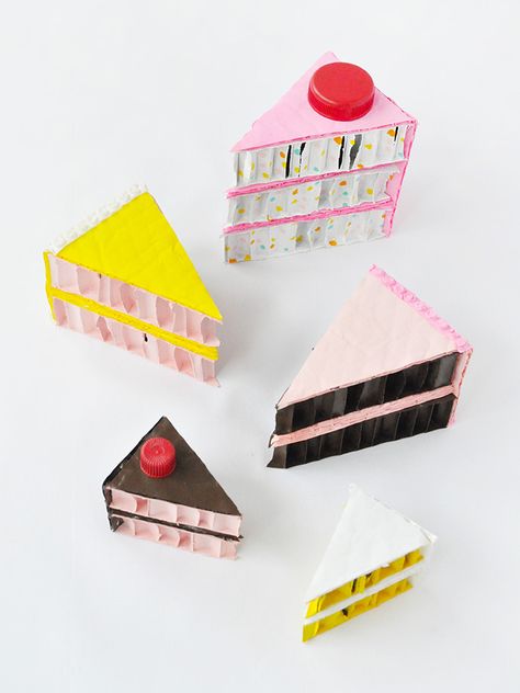 Recycled Cardboard Play Food | Handmade Charlotte Paper Mache Food, Upcycle Cardboard, Cardboard Cake, Cardboard Play, Recycled Crafts Kids, Cake Slices, Handmade Charlotte, Cardboard Sculpture, Mason Jar Crafts Diy