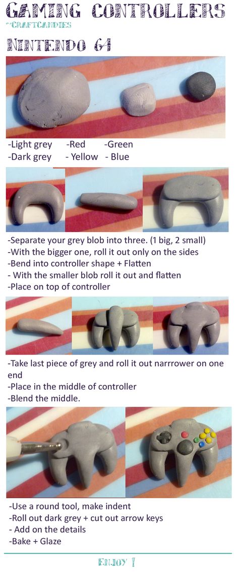 Polymer Clay : Nintendo 64 Controller Tutorial by CraftCandies.deviantart.com Clay Nintendo, Diy Nintendo, Nerdy Diy, N64 Controller, Mario Crafts, Bubble Popping, Gamecube Controller, Bubble Games, Bubble Shooter