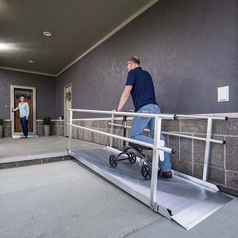 Solid Surface Portable Ramp w/ Handrails | Lifeway Mobility Scooter Ramps, Portable Wheelchair Ramp, Aluminum Ramp, Portable Wheelchair, Curb Ramp, Portable Ramps, Access Ramp, Stair Lift, Wheelchair Ramp