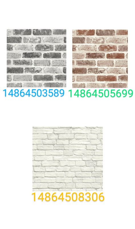 These are my decals If used in another pin please give credit Bloxburg Wall Exterior, Bloxburg Decals Codes Outside, Bloxburg Brick Wall Decals, Roblox Fireplace Decal Code, Boo Burg Wallpaper Codes, Bushes Bloxburg Codes, Brick Wall Codes Bloxburg, Bloxburg Decals Codes Bush, White Brick Decal Bloxburg