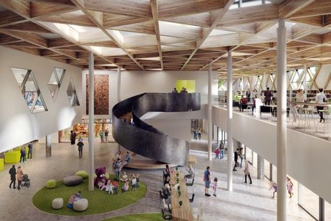 BC: Clayton Community Centre will be Canada's biggest Passive House project yet Community Space Design, Atrium Design, Community Housing, Community Halls, Community Centre, Community Living, Timber Structure, Community Space, Social Space