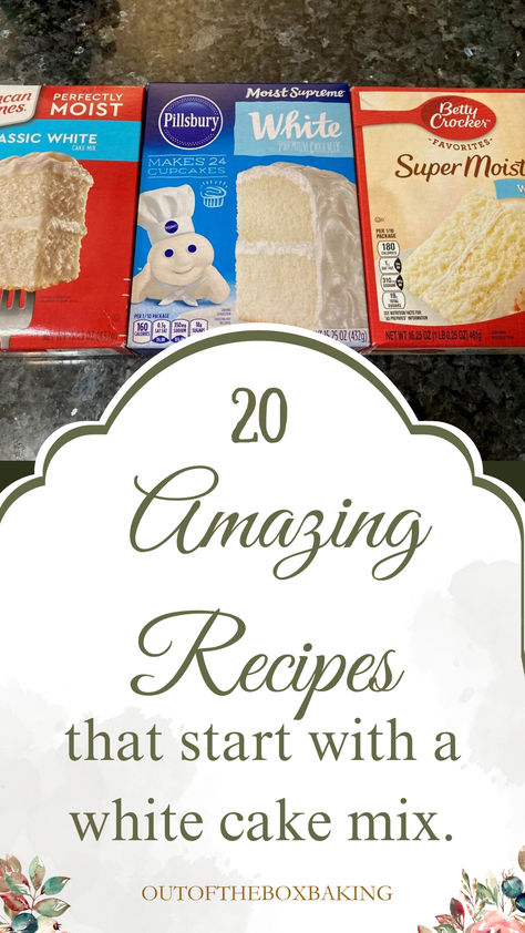 This handy post features 20 great recipes you can make from a simple box of cake mix. You can (literally) tweak and change a simple white cake mix into whatever you like. Recipes Using Cake Mix Boxes, Things To Do With White Cake Mix Boxes, Cakes Made From Cake Mixes, White Cake Mix Recipes Fall, What To Make With Boxed Cake, What Can I Make With White Box Cake, What To Make With Cake Mix Boxes, What To Add To White Box Cake, White Cake Mix Recipes Boxed Bundt