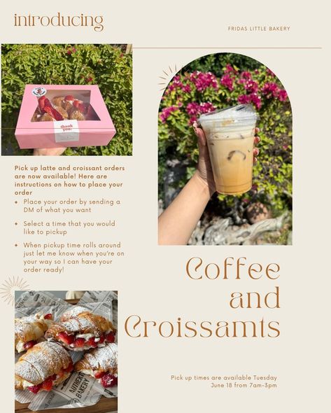 COFFEE AND CROISSANT TUESDAY! 🥐☕️ DM to place an order in advance! Here’s how to place an order! 🍰🎀 1. Dm me what you would like to order 2. Select a time that you would like to pick up for Tuesday! Anywhere between 7am-3pm 3. One your pick up time comes around let me know when you’ll be on your way so I can start preparing your order and have it ready! 🎀🥐☕️ Instagram Coffee, Placing An Order, Place An Order, Dm Me, Let Me Know, The Selection, Pick Up, I Can, Let Me