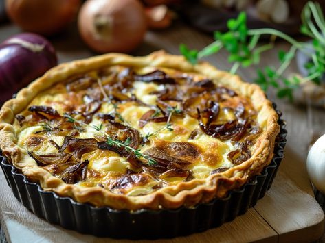 This super fancy Caramelised Onion and Goat's Cheese Tart is also super easy, if you use pre-prepared puff pastry. Serve it warm or at room temperature. Goats Cheese And Caramelised Onion Tart, Caramelized Onion Tart, German Cheese, Caramelised Onion Tart, Goat Cheese Tart, Caramelised Onion, Onion Tart, Cheese Tart, Cheese Gifts