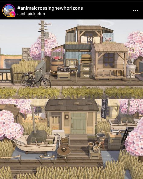 Acnh House Location Ideas, Japanese Village Animal Crossing, Acnh Building Design, Japanese Animal Crossing Island, Japanese Island Acnh, Acnh Coastal Town, Coastal Acnh, House Yard Design, Animal Crossing Fish