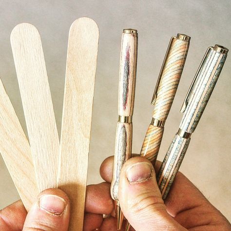 I recently found out that popsicle sticks and craft sticks are usually made out of birch wood. And I wondered if they could be glued together to make custom pens.  So in this video, you find out just how easy it is to turn popsicle sticks into custom pens. #popsiclesticks #woodworking #wooden Pen Turning Projects, Wood Pens Handmade, Wooden Pens Handmade, Chest Woodworking Plans, Wood Turning Pens, Awesome Woodworking Ideas, Hand Turned Pens, Craft Sticks, Pen Diy