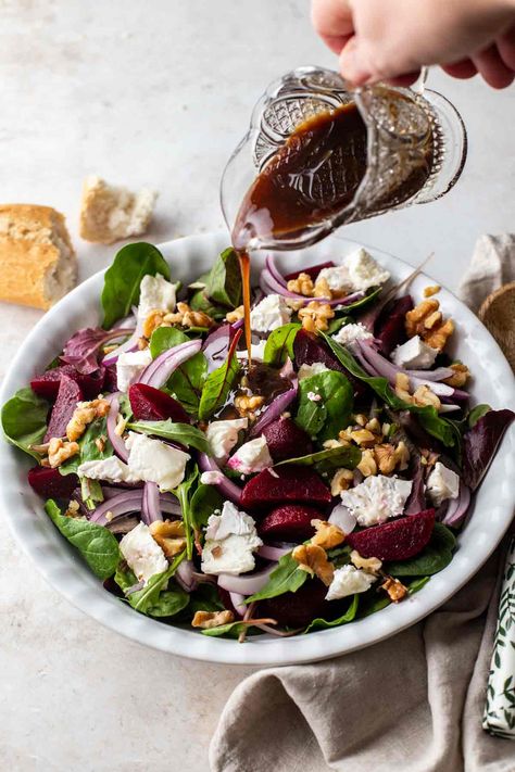 Beet Goat Cheese Walnut Salad Beet And Goat Cheese Salad, Beet Goat Cheese Salad, Beet Goat Cheese, Balsamic Vinaigrette Recipe, Homemade Balsamic Vinaigrette, Salad With Balsamic Dressing, Beet And Goat Cheese, Roasted Beet Salad, Pickled Beets