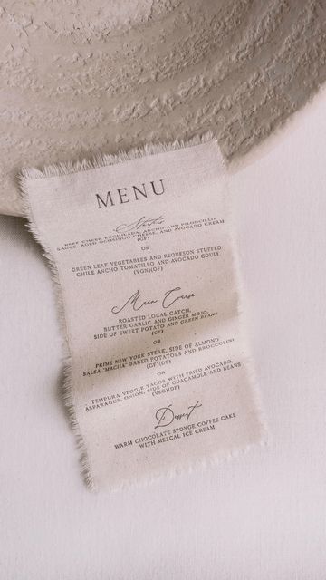 Papira® | Alexandra on Instagram: "Our signature fabric menus. Letterpress printed and hand frayed one by one. 🤍 So much love goes into creating these beautiful wedding day details." Linen Menu Wedding, Watercolor Menu, Wedding Day Details, Menu Printing, Warm Chocolate, Gala Dinner, Menu Ideas, Wedding Fabric, Spring Inspiration