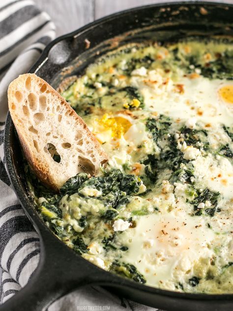 Make these fast and easy Creamed Spinach Baked Eggs using items you probably have in your pantry. A little feta on top takes it to the next level! BudgetBytes.com Spinach And Eggs, Spinach Bake, Budget Bytes, Spinach Egg, Easy Cream, Healthier Recipes, Creamed Spinach, Spinach Recipes, Frozen Spinach