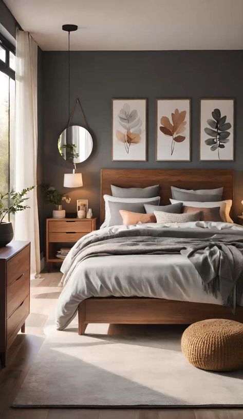 Boho Minimalist Master Bed, Bedroom Ideas New Build, Cozy Bedroom Ideas With Carpet, Bedroom Inspirations Oak Furniture, Gray And Natural Bedroom, Main Bedroom Color Palette, Cozy Minimalist Home Decor Small Spaces, Minimalist Bedroom Color Palette, Vintage Salon Bedroom