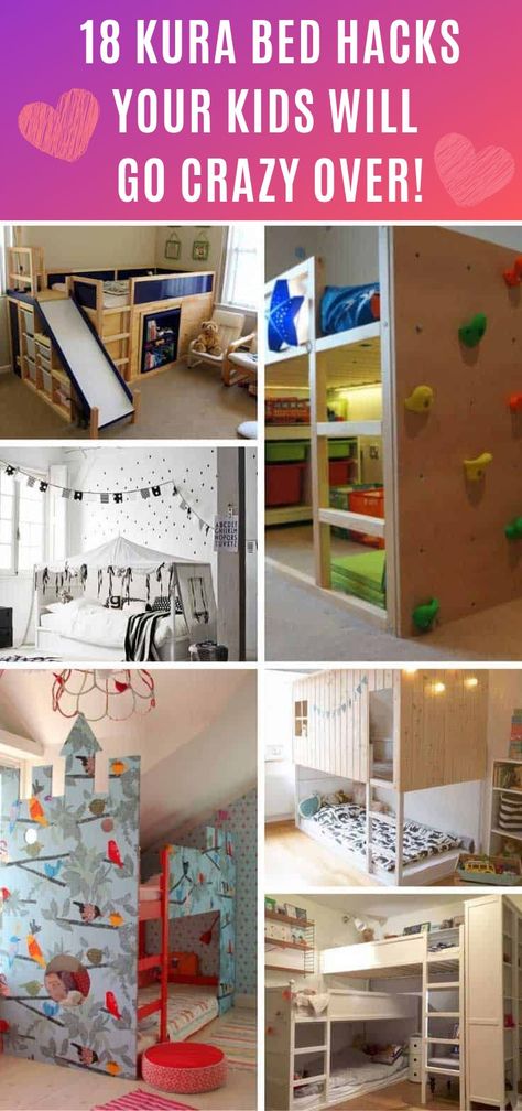 The Ikea Kura bed is super cheap but oh so boring – take a look at these Kura Bed Hack makeovers to make something your kids will LOVE to have in their bedroom! #Ikeahack #KuraHack #kids #DIY Ikea Hacks Bed, Kura Cama Ikea, Spice Rack Bookshelves, Cama Ikea Kura, Climbing Wall Holds, Bed Hacks, Ikea Loft, Kura Bed Hack, Kura Hack