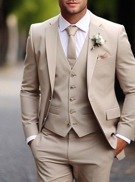 Wedding Suit Groom And Groomsmen, Cream Wedding Suit Groomsmen, Khaki 3 Piece Suit Men, Sand Color Tuxedo Wedding, Bride And Groom Beige Suit, Father Of The Quinceanera Attire, Champagne Suits For Men Groomsmen, Tan Suit Fall Wedding, Light Color Wedding Suit