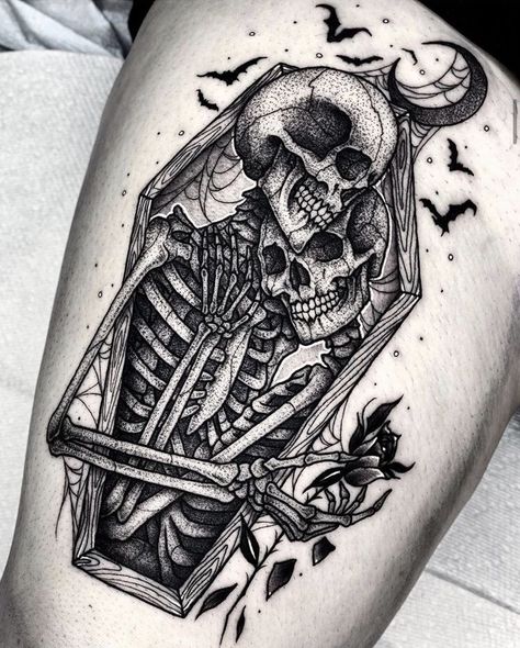 Memento Mori Coffin Tattoo, Gory Horror Tattoos, Bat Half Sleeve Tattoo, Goth Best Friend Tattoos, Tattoos For Upper Arm, The Lovers Tattoo Design, Skeleton Tattoos, Muster Tattoos, Tattoos Geometric