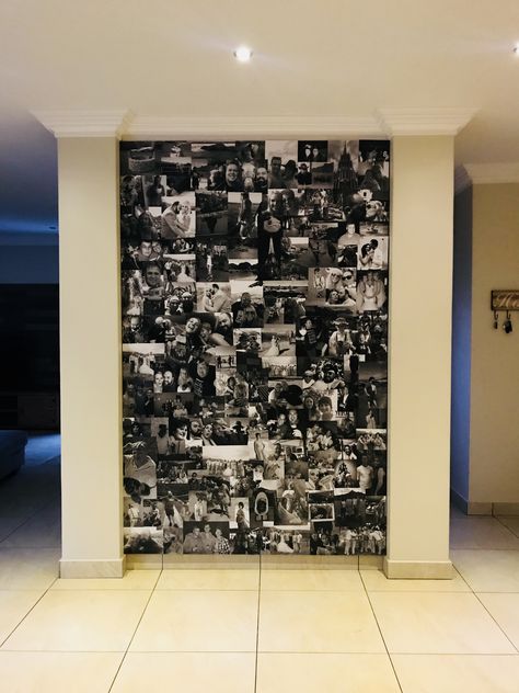 Canvas With Pictures Collage, Wall Memorial Ideas, Bday Backdrop, Black And White Photo Collage, Vogue Wall, Photo Collage Diy, Wall Collage Decor, Diy Photo Book, Polaroid Wall