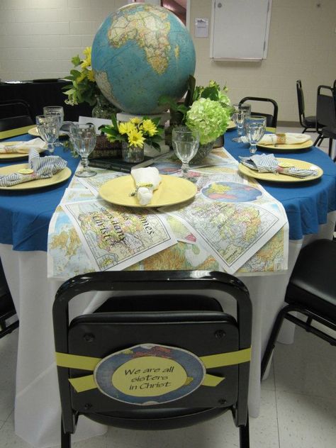 WFBC festival of tables 2012- we are all sisters in Christ. Tablescape. Globe. Women's Missions. Festival Of Tables Ideas, International Party Theme, Festival Of Tables, Travel Theme Party, Bon Voyage Party, International Party, Travel Party Theme, Party Table Decor, Ladies Luncheon