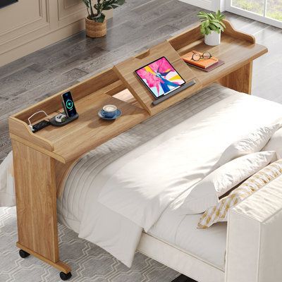 Diy Height Adjustable Table, Aesthetic Furniture Living Rooms, Reading Side Table, Bed Table Ideas, Functional Furniture For Small Spaces, Desk Over Bed, Transformational Furniture, Guesthouse Bedroom, Table On Bed