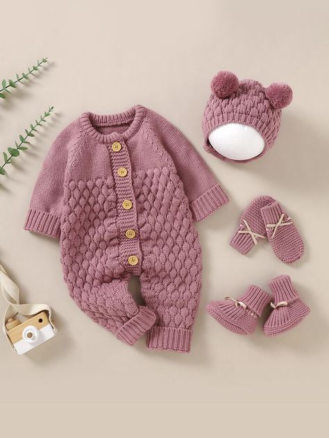 Baby Raglan Sleeve Knit Jumpsuit & Hat & Shoes & Gloves | SHEIN USA Pull Bebe, Baby Overalls, Girls Sweater, Boys Knits, Baby Jumpsuit, Jumpsuit Outfit, Sweater Jumpsuit, Knit Jumpsuit