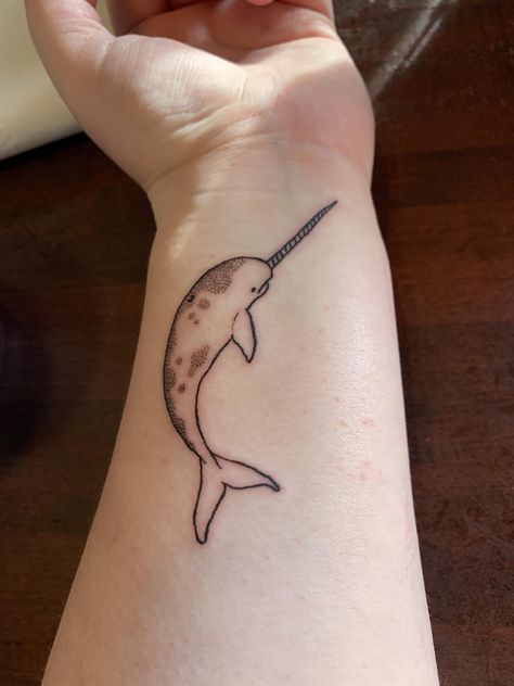 Everyone meet Norman the Narwhal! Narwal Tattoo, Narwhal Tattoo, Sea Life Tattoos, Earthy Tattoos, Lavender Tattoo, Dinosaur Tattoos, Cute Small Tattoos, Memorial Tattoos, Badass Tattoos