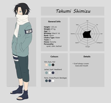 Sheet: Takumi Shimizu by Kumkrum.deviantart.com on @DeviantArt Naruto Character Creator, Naruto Clothing, Oc Manga, Naruto Oc Characters, Anime Ninja, Uzumaki Boruto, Usagi Tsukino, Black Anime Characters, Naruto Oc