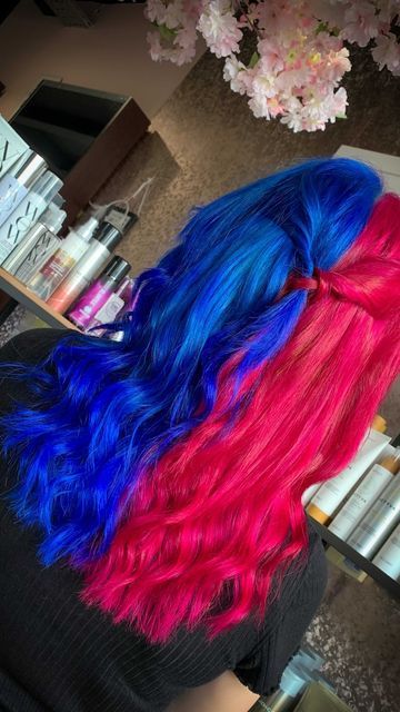 Bright Vivid Hair Color, Hot Pink And Blue Hair, Pink And Blue Split Dye Hair, Split Hair Color Ideas, Hair Split Dye, Red And Blue Hair, Split Hair Dye, Split Dye Hair Ideas, Pink And Blue Hair