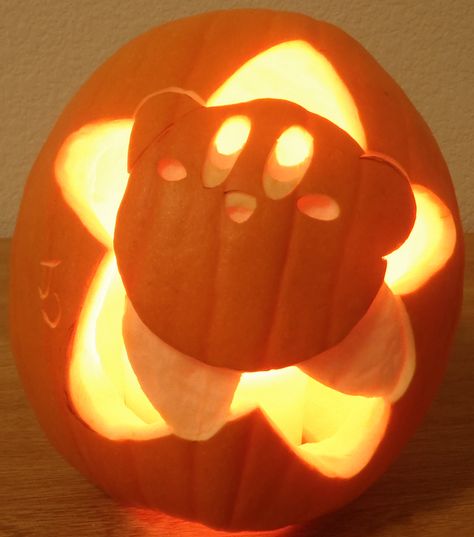 Kirby Pumpkin Carving, Kirby Pumpkin, Star Pumpkin, Kirby Star, Pumpkin Cravings, Cute Pumpkin Carving, Pumkin Carving, Halloween Pumpkin Carving Stencils, Creative Pumpkin Carving