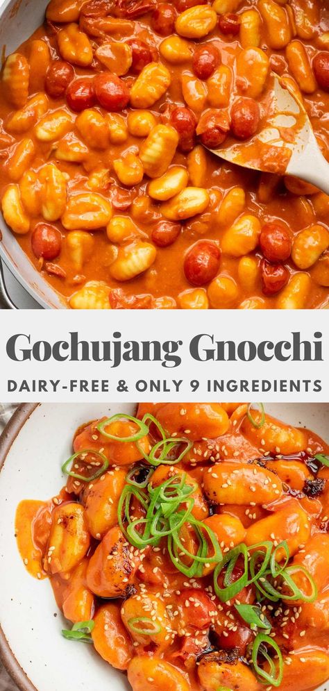 This gochujang gnocchi only requires 9 ingredients and comes together in less than 30 minutes. Easy to make, budget-friendly and the perfect weeknight dinner. Gochujang Gnocchi, College Food Recipes, Tofu Gnocchi, Gochujang Recipe, 2024 Meals, Homemade Tofu, Food Magic, Grocery Planning, Fusion Dishes