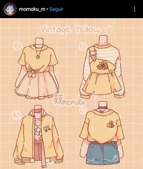 Cute Outfits Sketches, Yellow Inspired Outfits, Chibi Outfits Clothes, Clothes Aesthetic Drawing, Clothes Drawing Outfits, Yellow Drawings, Yellow Drawing, Outfit Cartoon, Outfits Anime