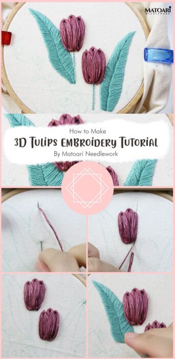 Tulip Embroidery Tutorials, Tulip Hand Embroidery, Tulip Stitch Embroidery, Tulip Embroidery Pattern, Embroidery Free Pattern, Tulip Embroidery, Christmas Tree Embroidery Design, Flower Hand Embroidery, Clothes Embroidery