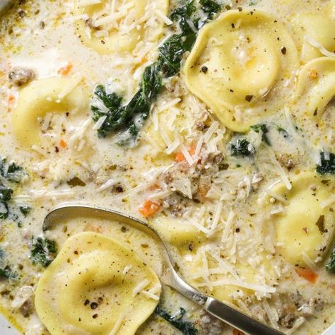 Sausage, Kale, & Ravioli Soup Kale Ravioli, Creamy Sausage Tortellini Soup, Creamy Sausage Tortellini, Cheesy Ravioli, Sausage Ravioli, Pesto Ravioli, Ravioli Soup, Sausage Tortellini Soup, Sausage Kale