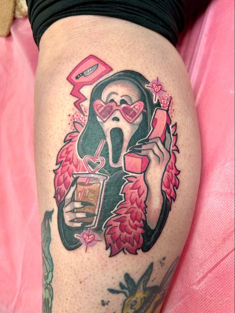 Pink “ghost face” killer from scream movie. Scream movie tattoo. Pink ghost face. Pink scary movie art. No You Hang Up Scream Tattoo, Pink Ghostface Tattoo, Pink Ghost Tattoo, Girly Ghostface Tattoo, Cute Ghostface Tattoo, Scream Movie Tattoo, Scream Mask Tattoo, Ghost Face Tattoos, Cursed Tattoo