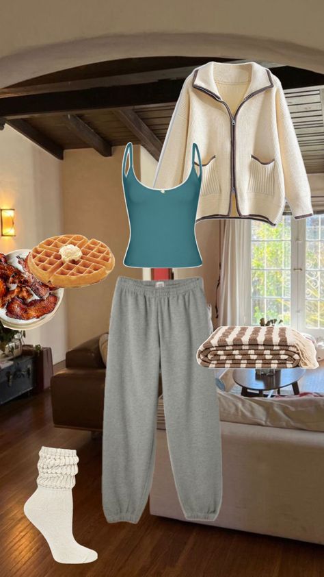 Breakfast fit, brunch fit, morning inspo, sweats, sweatpants, sweats fit, slouch socks, waffles, breakfast, tank top, cozy outfit, home outfit Cozy Outfit Home, Waffles Breakfast, Morning Outfit, Relaxing Morning, Slouch Socks, Food Mood, Recipe Videos, Cozy Outfit, Home Outfit