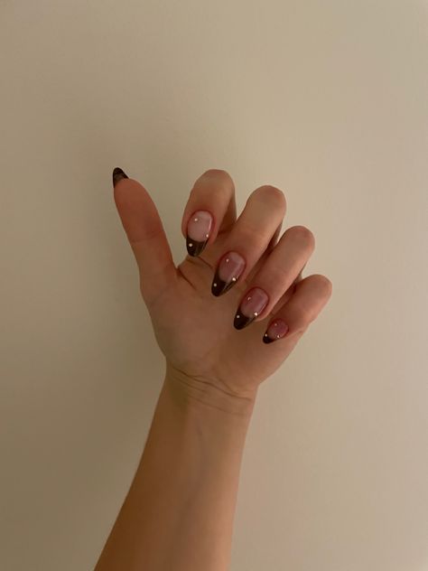 Brown French Nails With Rhinestones, Brown French Tip With Rhinestones, Brown French Tip Nails With Rhinestones, Brown Ombre French Tip Nails, Boycott Boring Nails, Brown Nails With Gems, French Tips With Rhinestones, Stickers Mushrooms, Brown French Tip Nails