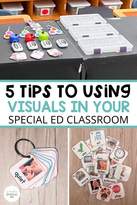 Visuals for special education students are a must! Inside my special education classroom, there are 5 steps that I do to make visuals in the classroom easy to use. First, it’s important to have teacher lanyard visuals and to wear them daily. It’s equally important to implement and use visual prompts for kids. Visual schedules, visual supports for behavior, visual task analysis in special education, and more. Special education classroom visuals will make your day run more smoothly. Special Needs Preschool, Sped Visuals, Visuals For Special Education, Middle School Classroom Decorating Ideas Special Education, Task Analysis Special Education, Ecse Classroom, Special Education Resource Classroom, Special Needs Classroom, Classroom Center Organization