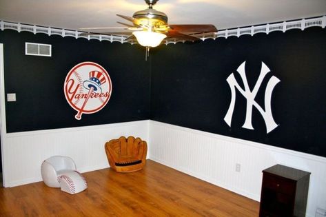 Yankees Bedroom, Frieze Wallpaper, Yankees Nursery, Stadium Facade, Yankee Bedroom, Sports Pennants, Baseball Room Decor, Striped Bedroom, Baseball Nursery