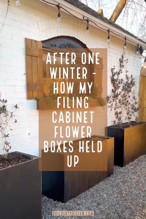 Filing Cabinet Flower Boxes Update – After One Winter - buildsbykristen.com Planter Attached To House, Flower Box With Trellis, File Cabinet Planter, Diy File Cabinet, Privacy Planter, File Cabinet Makeover, Raised Planter Boxes, Garden Boxes Raised, Metal Planter Boxes