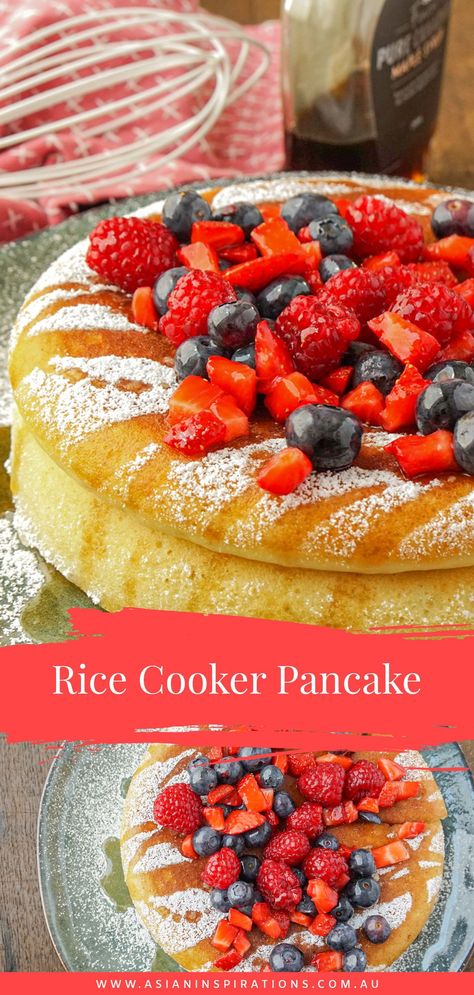 Use your rice cooker to make a giant Japanese style pancake! Check out this super easy Rice Cooker Pancake recipe. Recipe by Asian Inspirations. #japanesepancake #ricecookerpancake #rickecookerpancakerecipe #pancakerecipe #asiandessert #japanesedessert Rice Cooker Pancake Recipe, Rice Cooker Breakfast Recipes, Rice Maker Recipes, Rice Cooker Pancake, Rice Breakfast Recipes, Cake Mix Pancakes, Rice Maker, Cooker Cake, Japanese Dessert Recipes