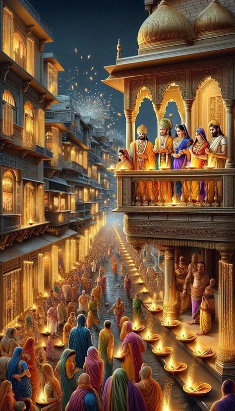 Ram Welcome In Ayodhya, Ram Sita Diwali, Ramayana Story Images, Indian Festival Painting, Diwali Painting, Festival Paint, Castle House Design, Diwali Wallpaper, Diwali Photos